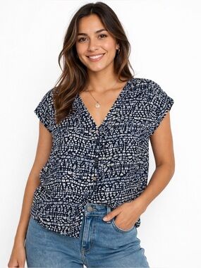 Artisan NY Blue Geometric Button Front Blouse Size Small